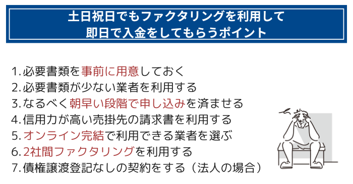 土日祝日でもファクタリングを利用して即日で入金をしてもらうポイント